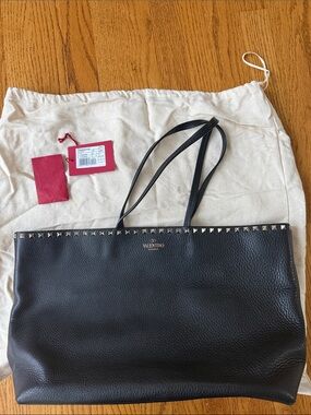 Valentino Garavani Black Leather Rockstud Tote with Gold Logo